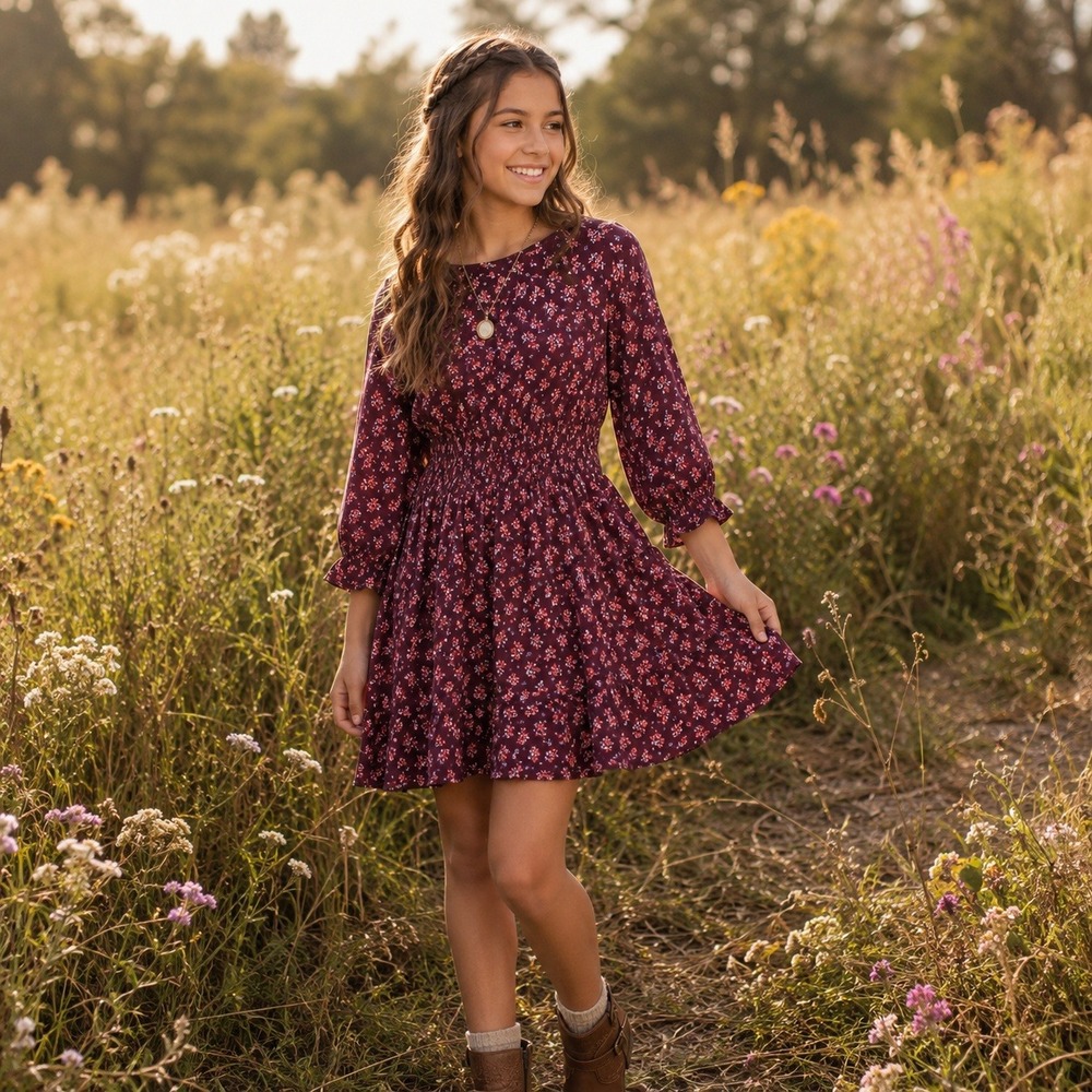 Justice Floral Smocked Dress Girls 18 Plus Burgundy Boho Peasant Dress Youth